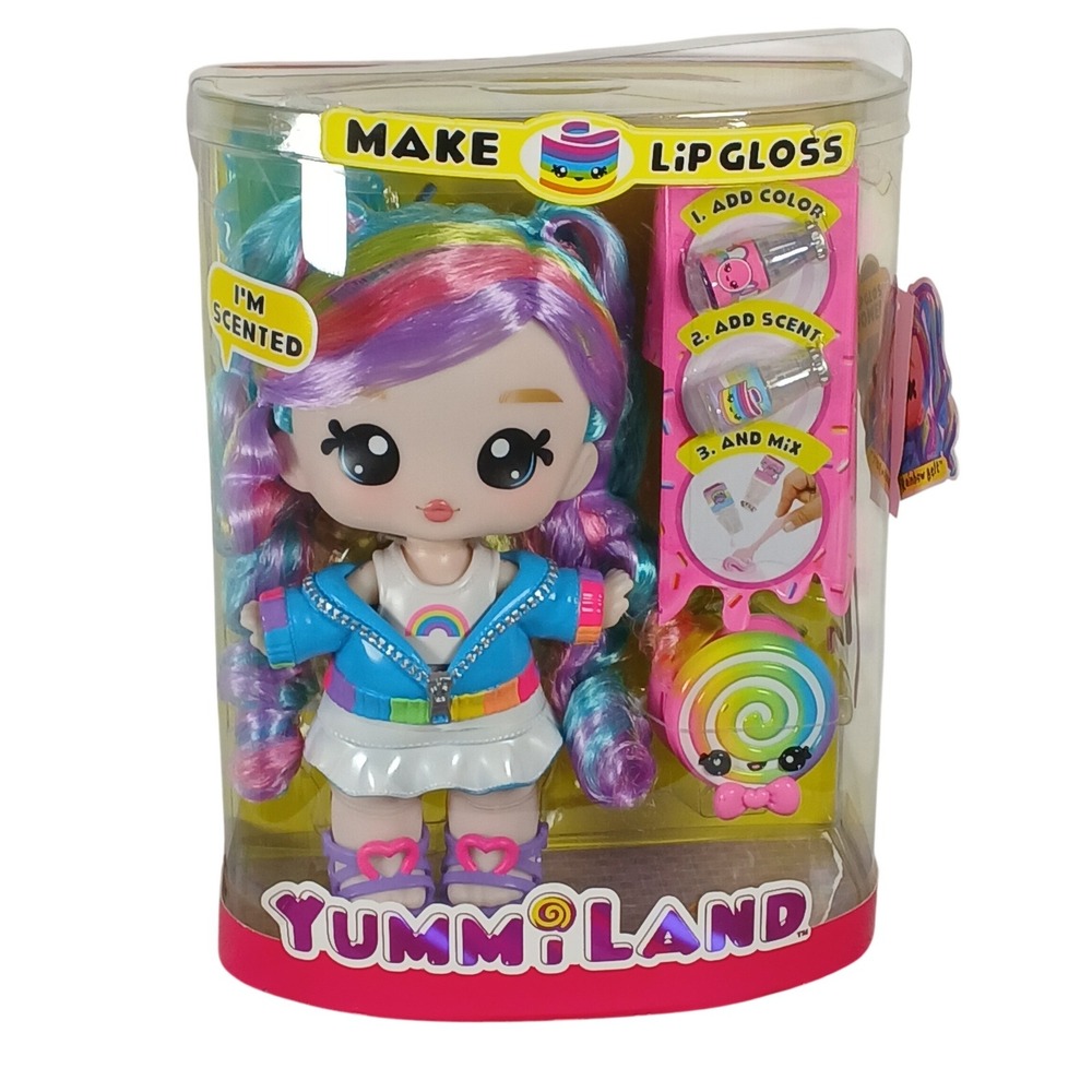 NIB Yummiland Skyler Rainbow Belt Large Doll DIY Lip Gloss Pet Swirlypop Num Nom